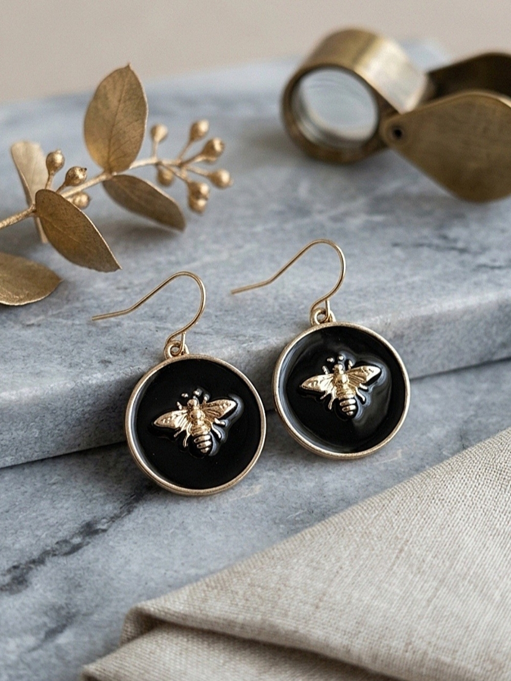 Gold Bee Round Drop Earrings by